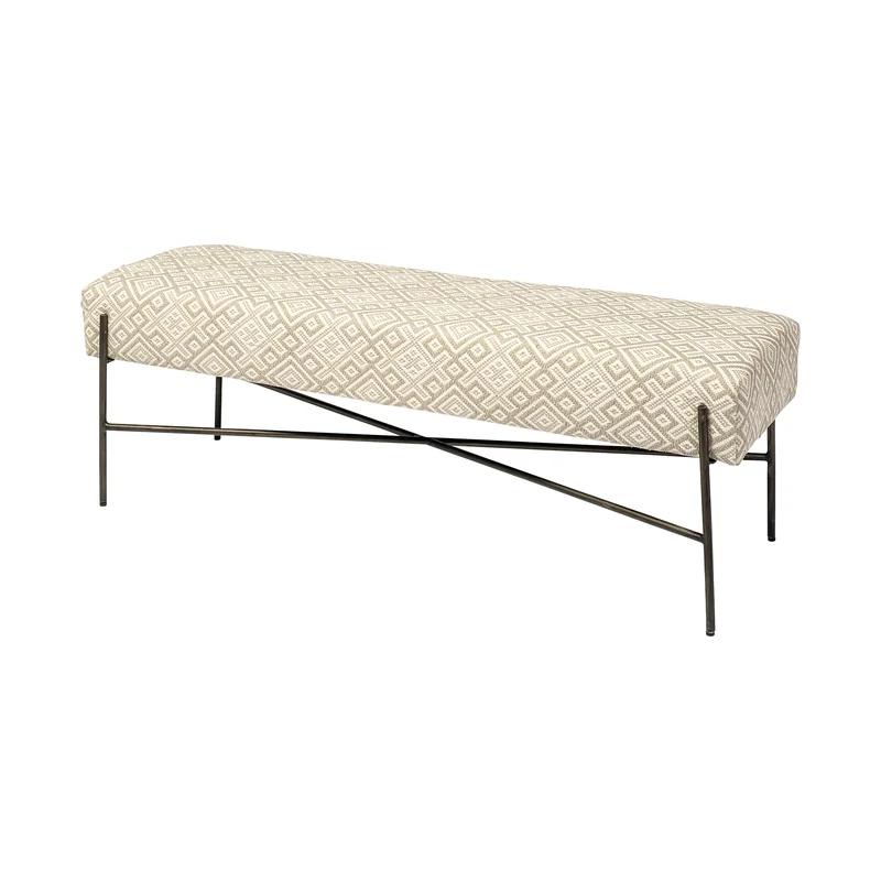 Avery II Cream Geometric Upholstered Accent Bench with Antiqued Nickel Base