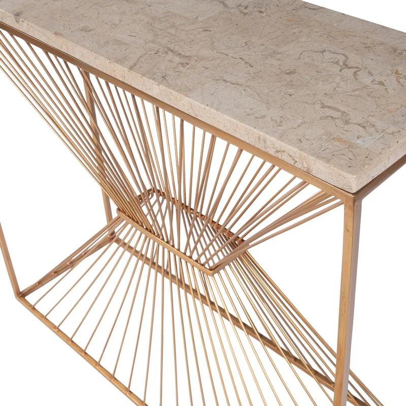 Cosmo Cream Fossil Stone and Gold Metal Console Table