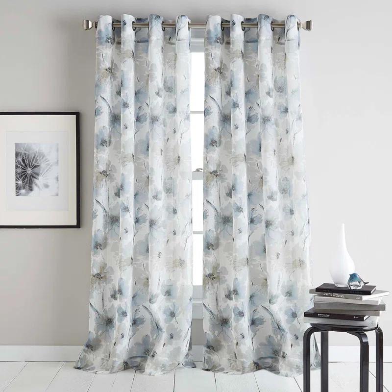 Linen Floral Sheer Grommet Curtain Panel