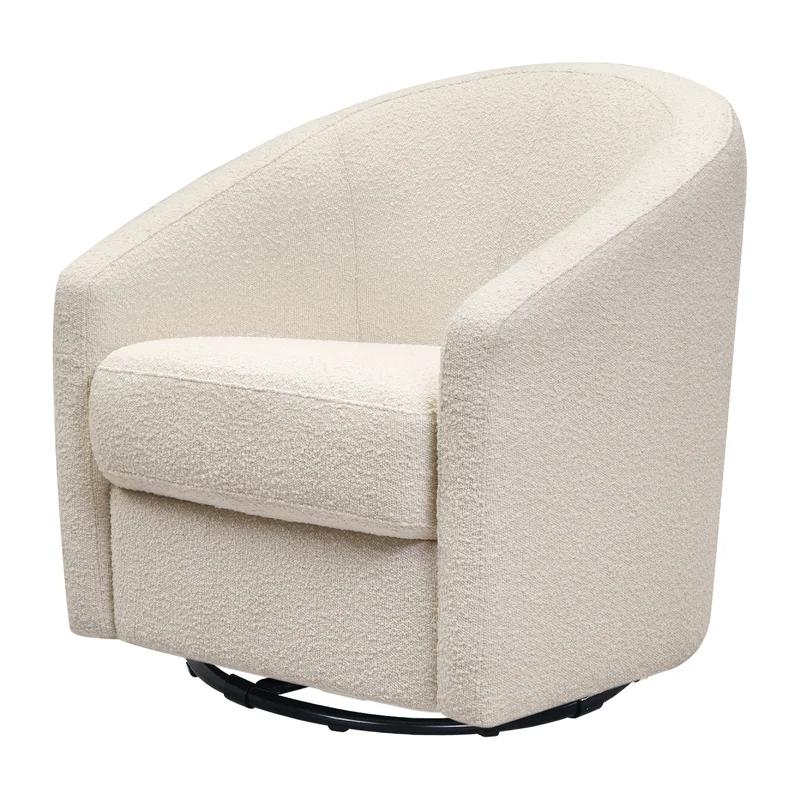 Ivory Boucle Velvet Swivel Glider with Wood Accents, Handcrafted