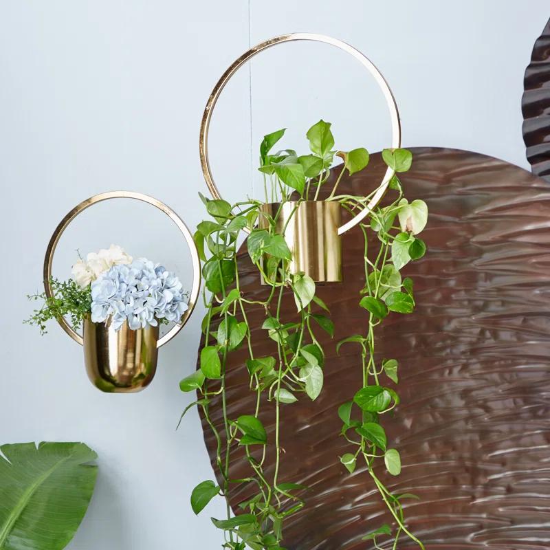 CosmoLiving by Cosmopolitan Round Gold Metal Ring Wall Planter, Set Of 2: 11", 14"