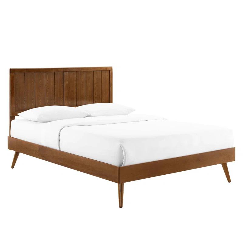 Mid-Century Walnut Queen Platform Bed with Wood Slat Support