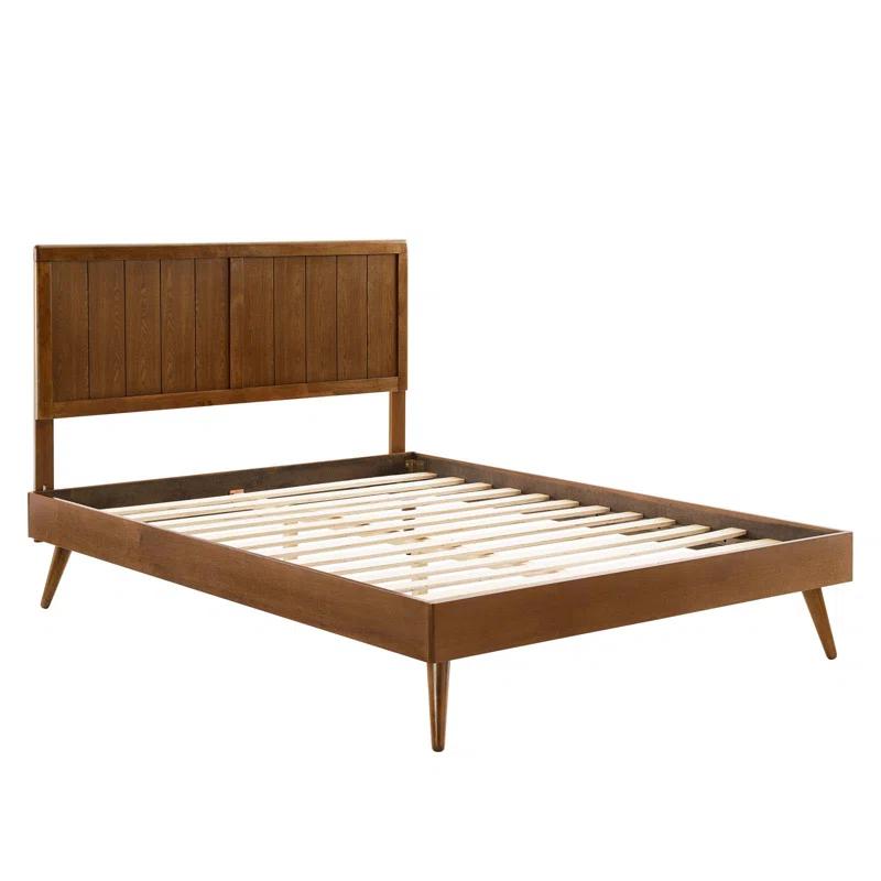 Mid-Century Walnut Queen Platform Bed with Wood Slat Support