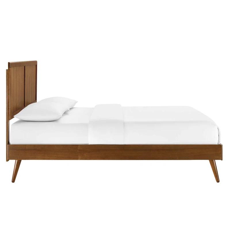 Mid-Century Walnut Queen Platform Bed with Wood Slat Support