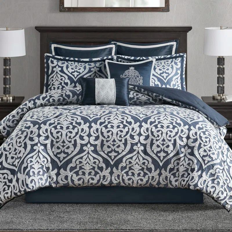 Navy and Silver King Microfiber 8-Piece Comforter Set