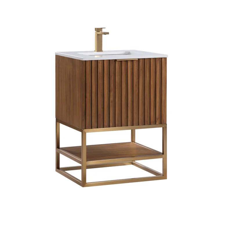 Terra Walnut 24'' Freestanding Bathroom Vanity with Satin Brass Frame