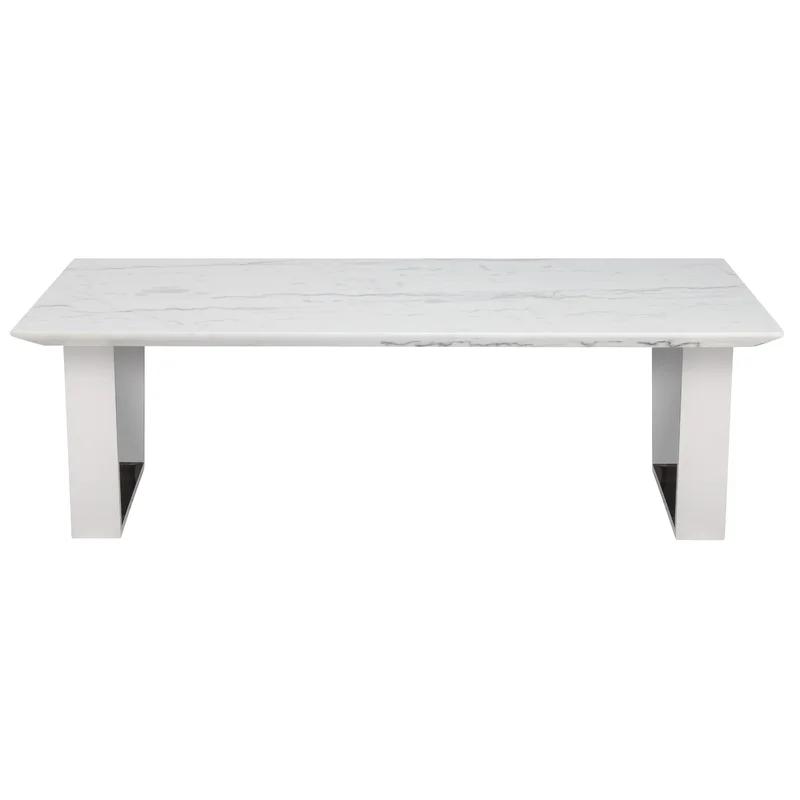 Elegant Catrine 36"x54" White Marble Coffee Table with Silver Legs