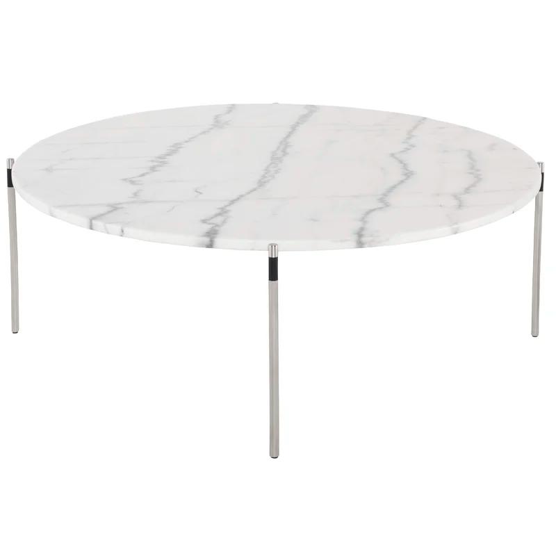 Elegant Transitional Pixie 43" Round Marble Coffee Table in Silver/White