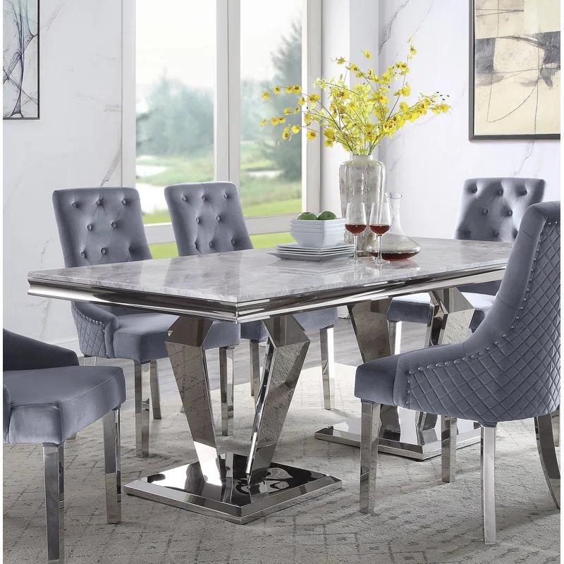 Everly Quinn Eardie Rectangular Dining Table in Light Gray and Mirrored Silver