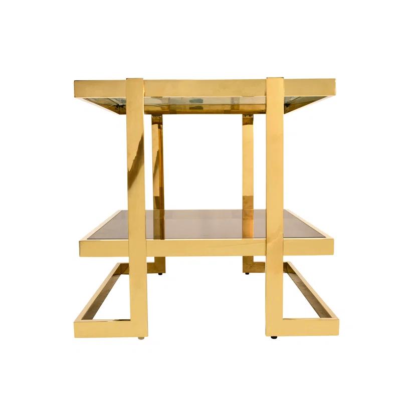 Mercer41 Atli Modern 24" Accent Table with Marble-Look Top, Glass Shelf & Gold Metal Geometric Frame for Living Room or Bedroom