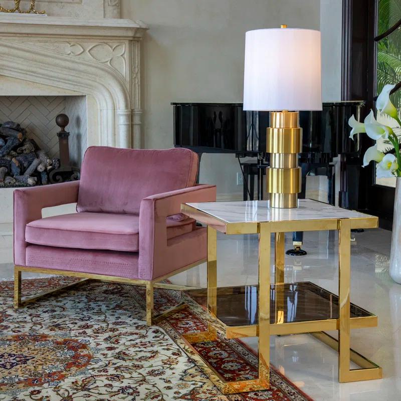 Mercer41 Atli Modern 24" Accent Table with Marble-Look Top, Glass Shelf & Gold Metal Geometric Frame for Living Room or Bedroom