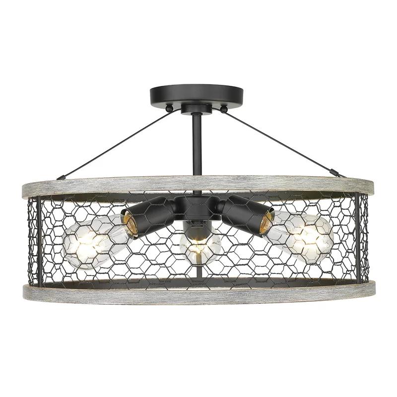 Matte Black and Silver Drum Semi-Flush Mount with Glass Accents