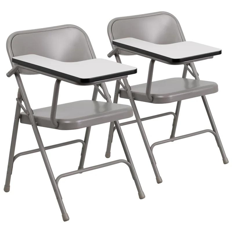 Premium Gray Metal Folding Chair with Right-Handed Tablet Arm