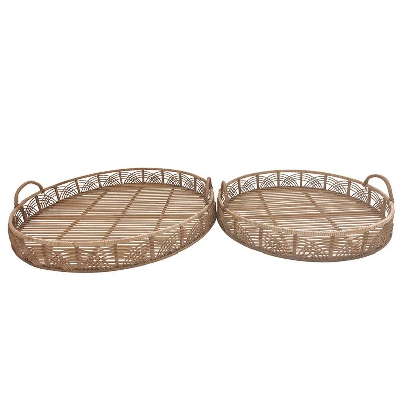 Cottage Style Curved Handle Brown Bamboo Tray Set