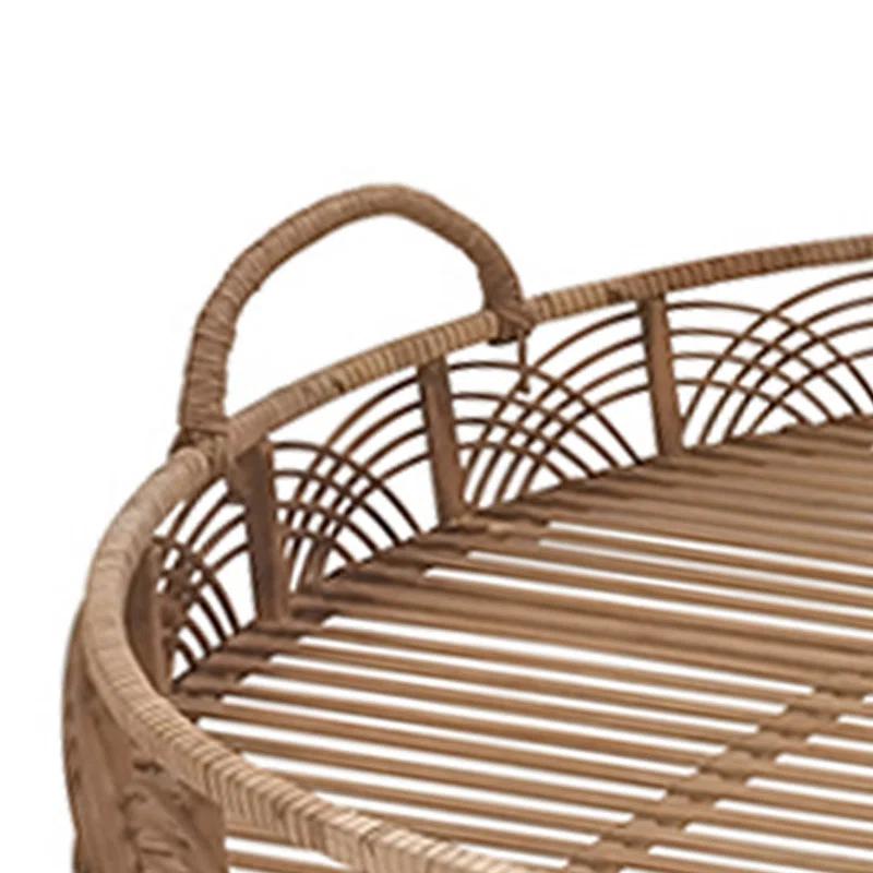 Cottage Style Curved Handle Brown Bamboo Tray Set