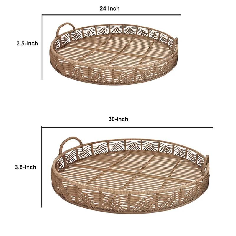 Cottage Style Curved Handle Brown Bamboo Tray Set