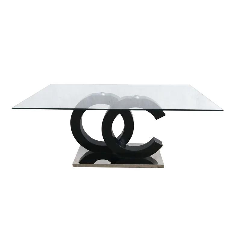 Contemporary Matte Black and Stainless Steel Dining Table with Glass Top