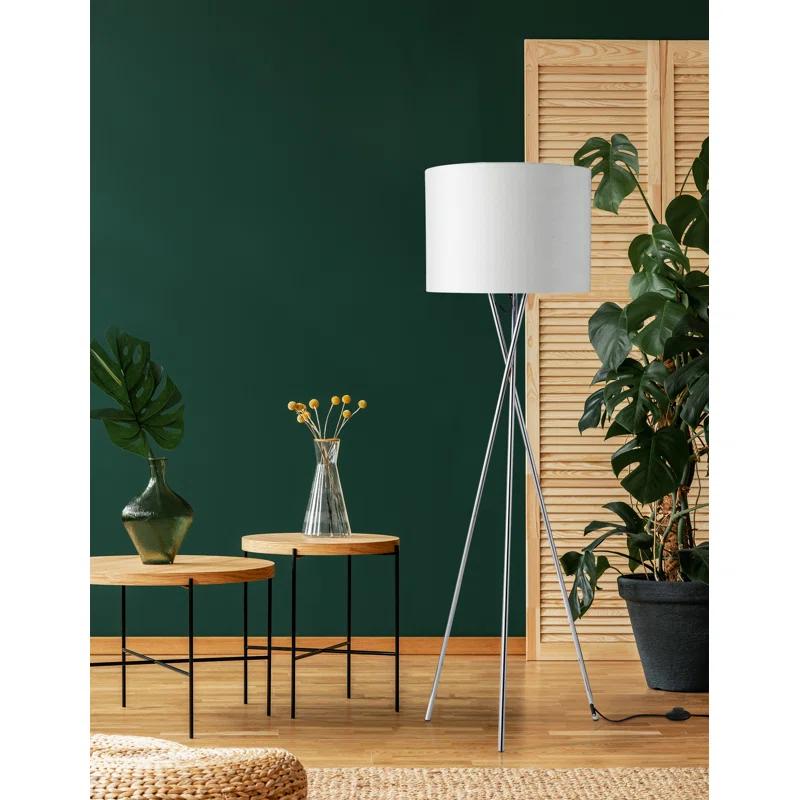 Transitional White Fabric Drum Shade Tripod Floor Lamp