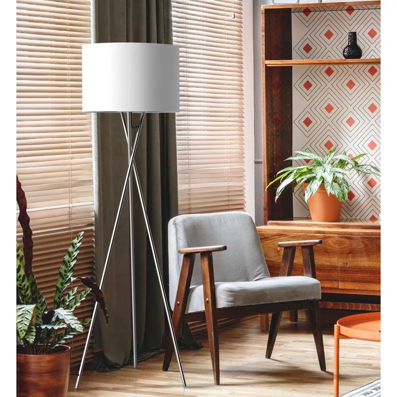 Transitional White Fabric Drum Shade Tripod Floor Lamp