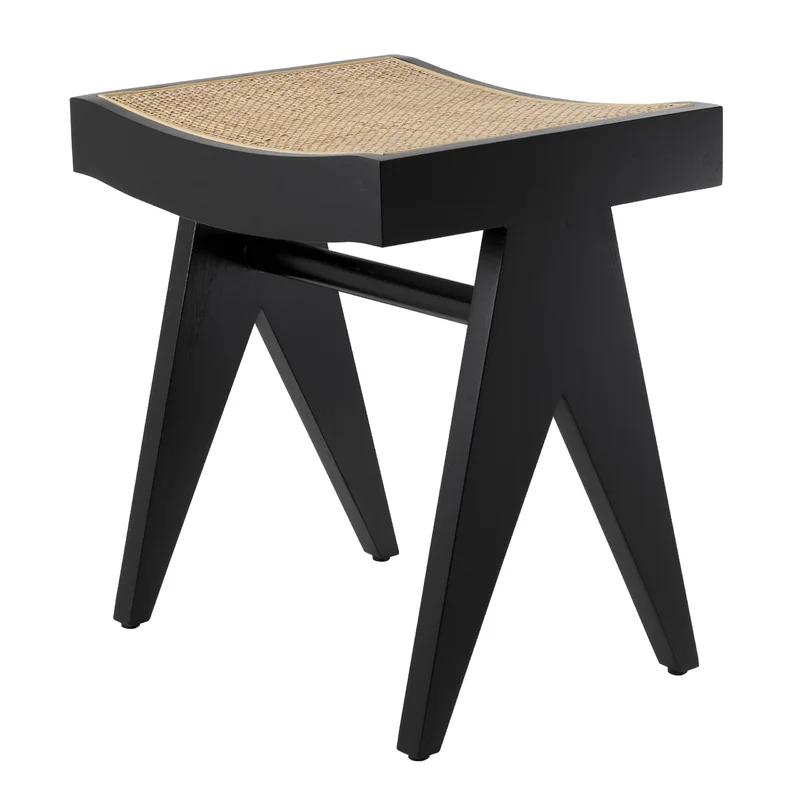 Arnaud Classic Black Solid Wood and Rattan Accent Stool