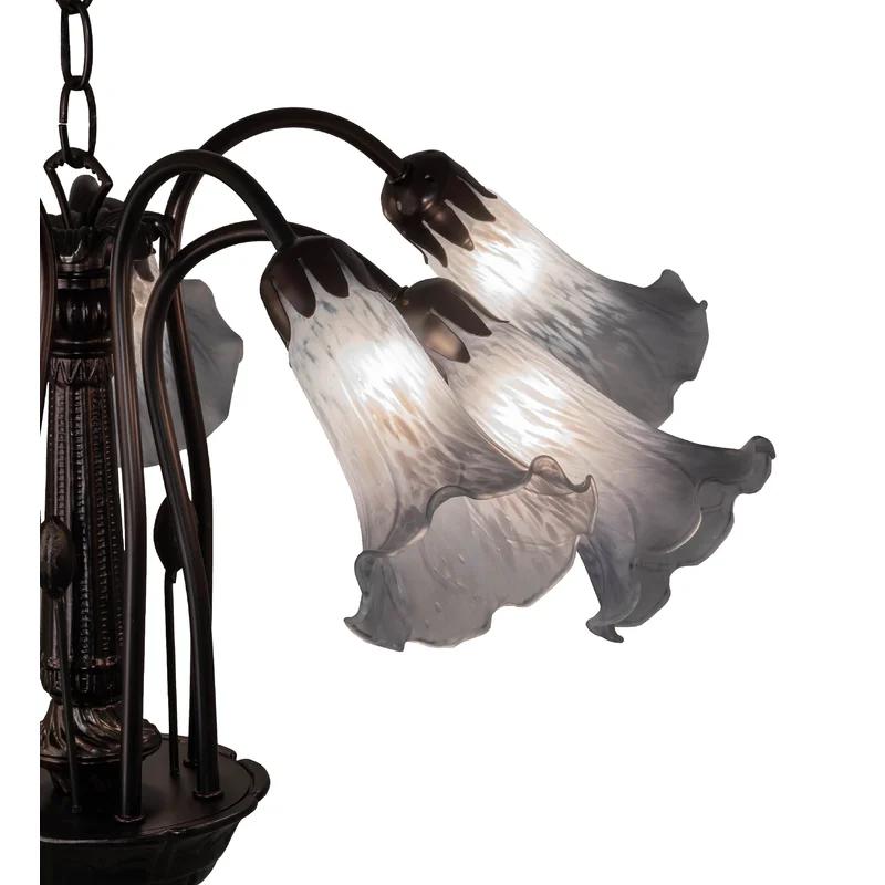 Mahogany Bronze Tiffany Pond Lily 7-Light Art Glass Chandelier