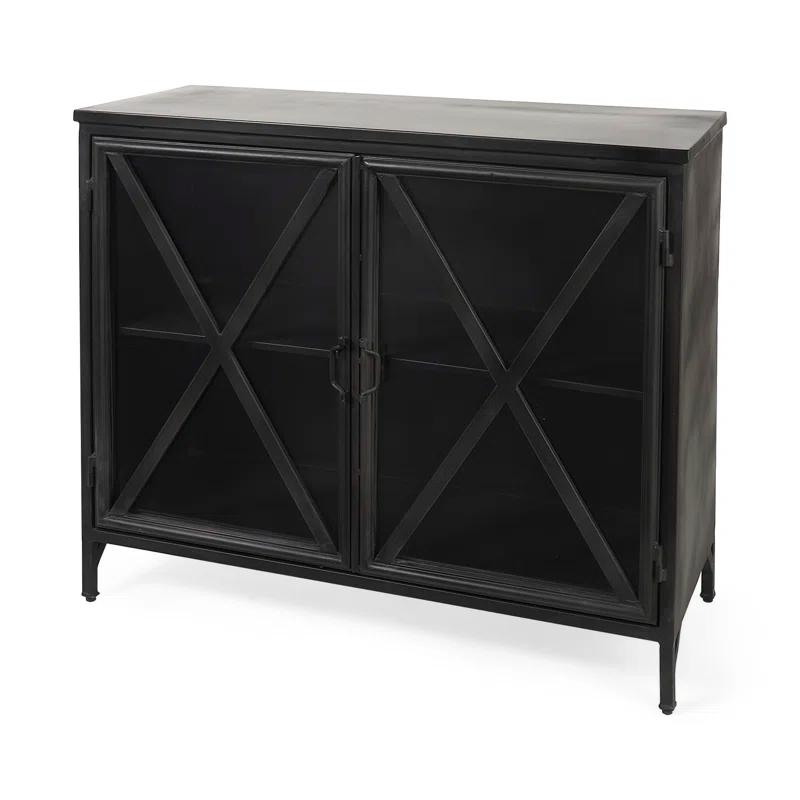 Poppy Black Iron Glass Paneled Distressed Sideboard with Storage