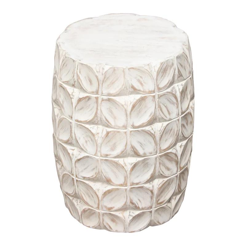 Fig Solid Mango Wood Round Drum End Table in Distressed White