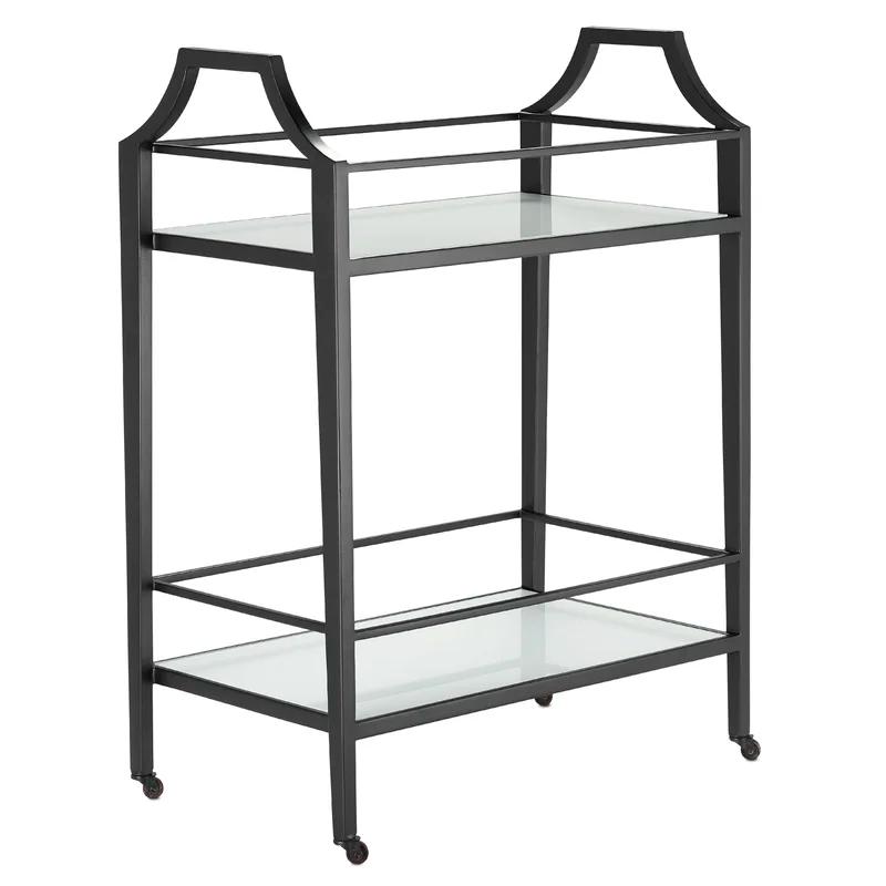 Torrey Elegant Black Metal Bar Cart with Glass Shelves and Storage