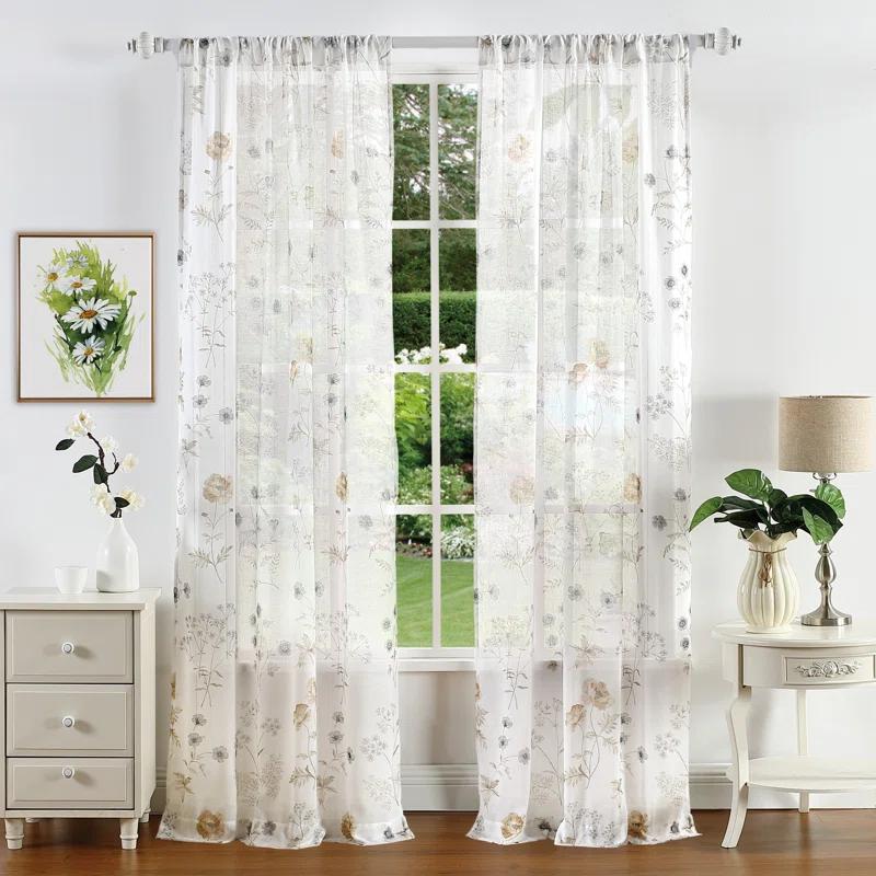 Martha Stewart Marthas Garden Floral Semi-Sheer Rod Pocket Curtain Panel Pair (Set of 2) (Set of 2)