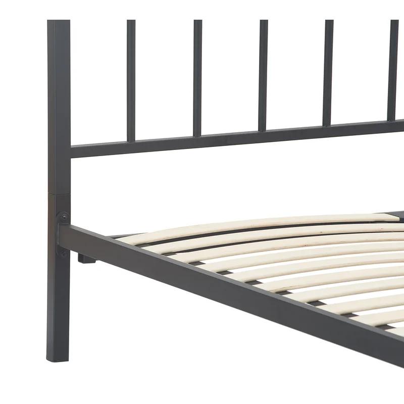 King Matte Black Metal Platform Bed Frame with Headboard and Slats