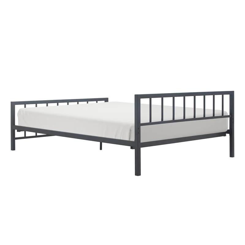 King Matte Black Metal Platform Bed Frame with Headboard and Slats