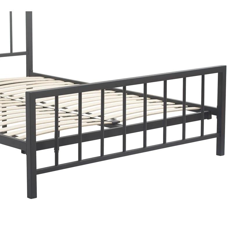 King Matte Black Metal Platform Bed Frame with Headboard and Slats