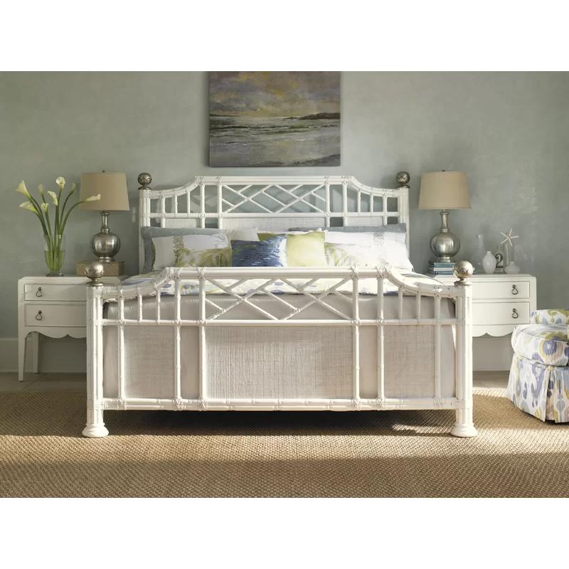 Somers Isle King Poster Bed with White Wood Frame and Upholstered Headboard