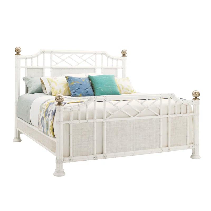 Somers Isle King Poster Bed with White Wood Frame and Upholstered Headboard