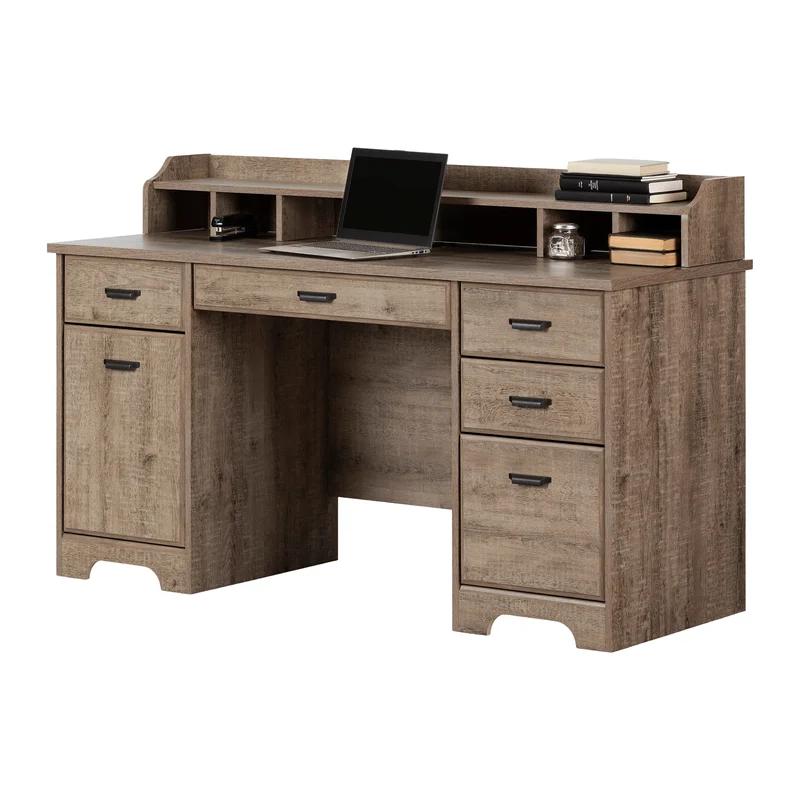 Executive Weathered Oak Computer Desk with Power Outlet and Storage
