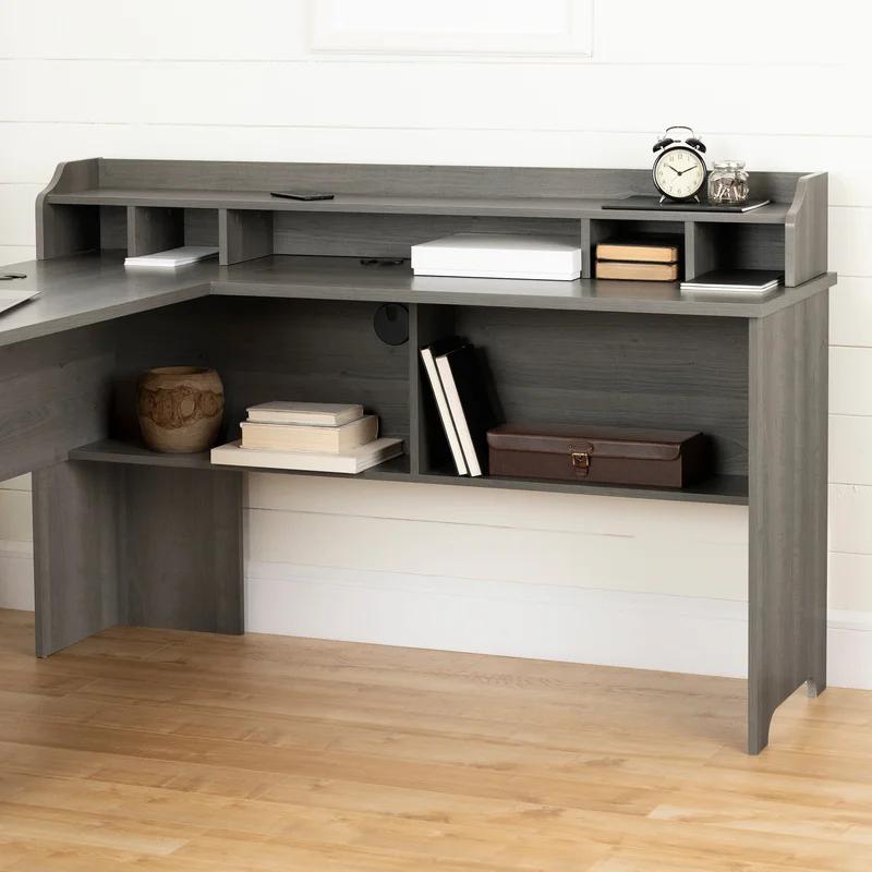 Gray Maple L-Shaped Computer Desk with Hutch and Drawers