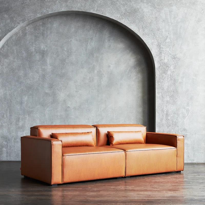 Cognac Vegan Appleskin Leather Mix Modular 2-Piece Sofa