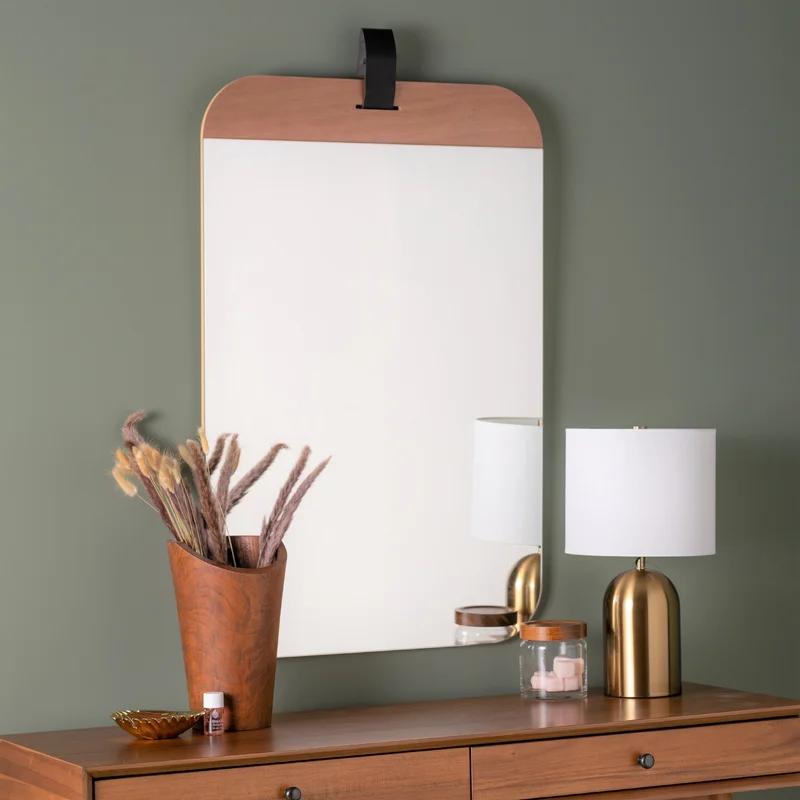 Modern Farmhouse Blonde Wood Rectangular Wall Mirror with Gold Leather Strap