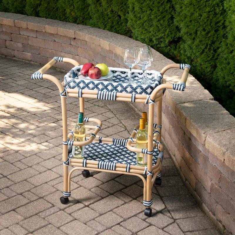 Selena Navy Blue & White Rattan Bar Cart with Wine Storage