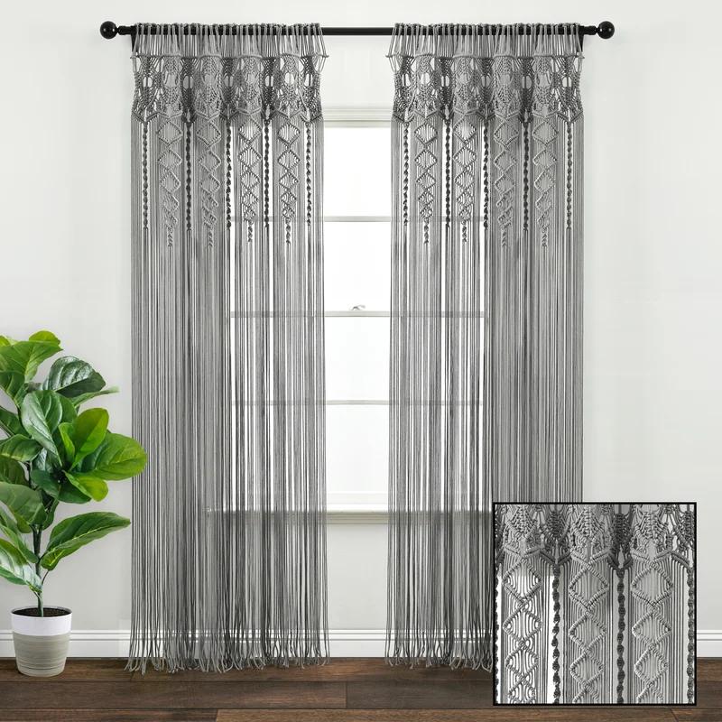 Hand-Knotted Bohemian Gray Cotton Macrame Curtain Panel - 84"x40"