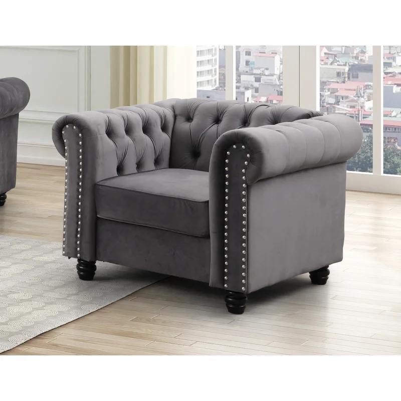 Gray Velvet Chesterfield Accent Chair with Wood Frame