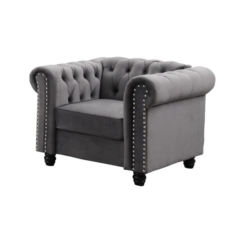 Gray Velvet Chesterfield Accent Chair with Wood Frame