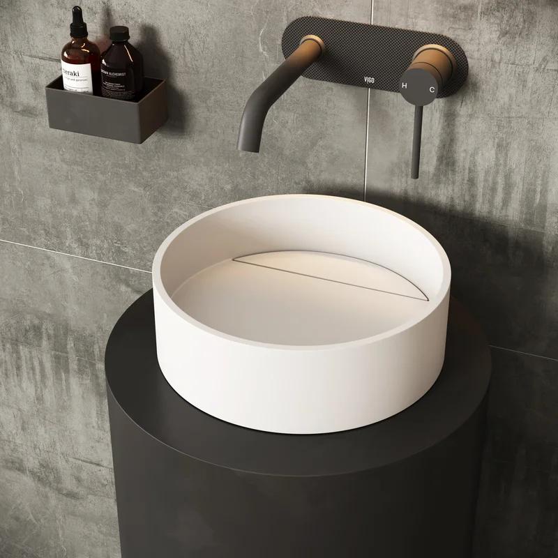 Bryant Modern Matte 15" White Stone Round Vessel Bathroom Sink