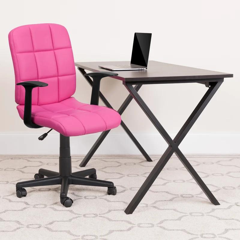 Elegant Mid-Back Pink Quilted Vinyl Swivel Task Chair with Arms