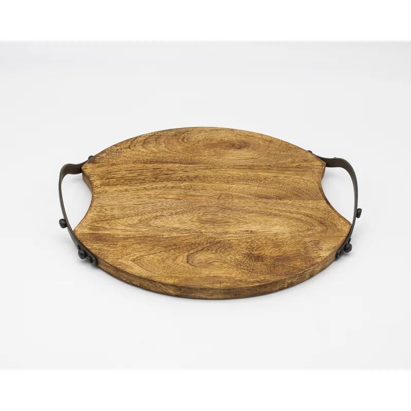 Rustic Acacia Wood & Metal Handled Round Tray, 13"
