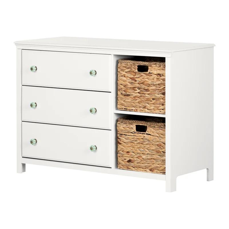 Bohemian Pure White 3-Drawer Dresser with Wicker Baskets