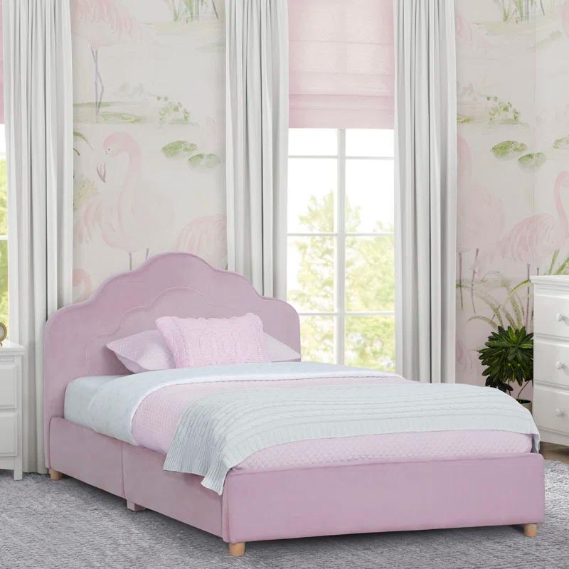 Rose Pink Twin Upholstered Platform Bed with Scalloped Headboard