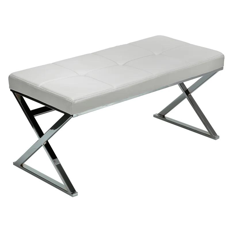 Contemporary Chrome-Finished Metal Bench with White Faux Leather