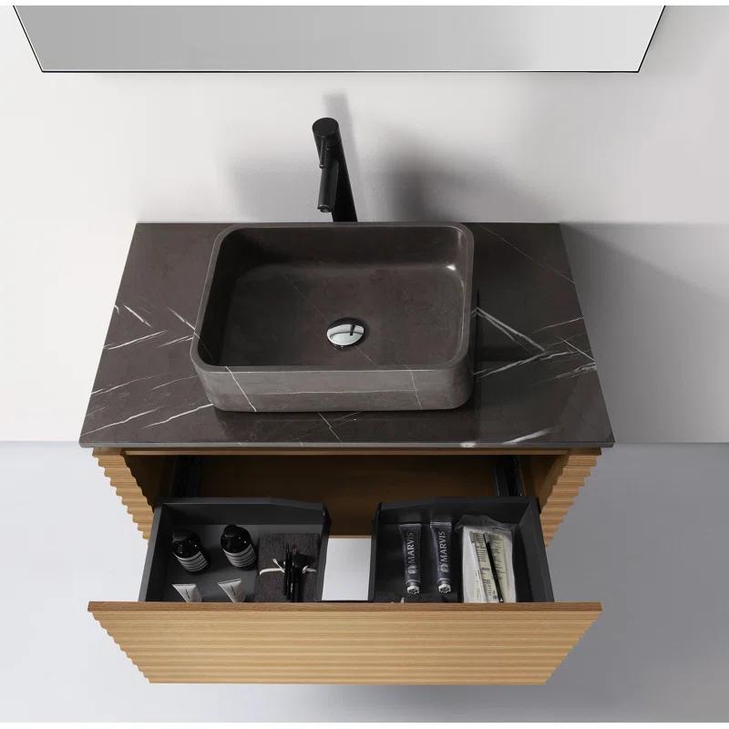 Orcus 36'' Maple Wood Wall-Mount Single Sink Vanity with Black Quartz