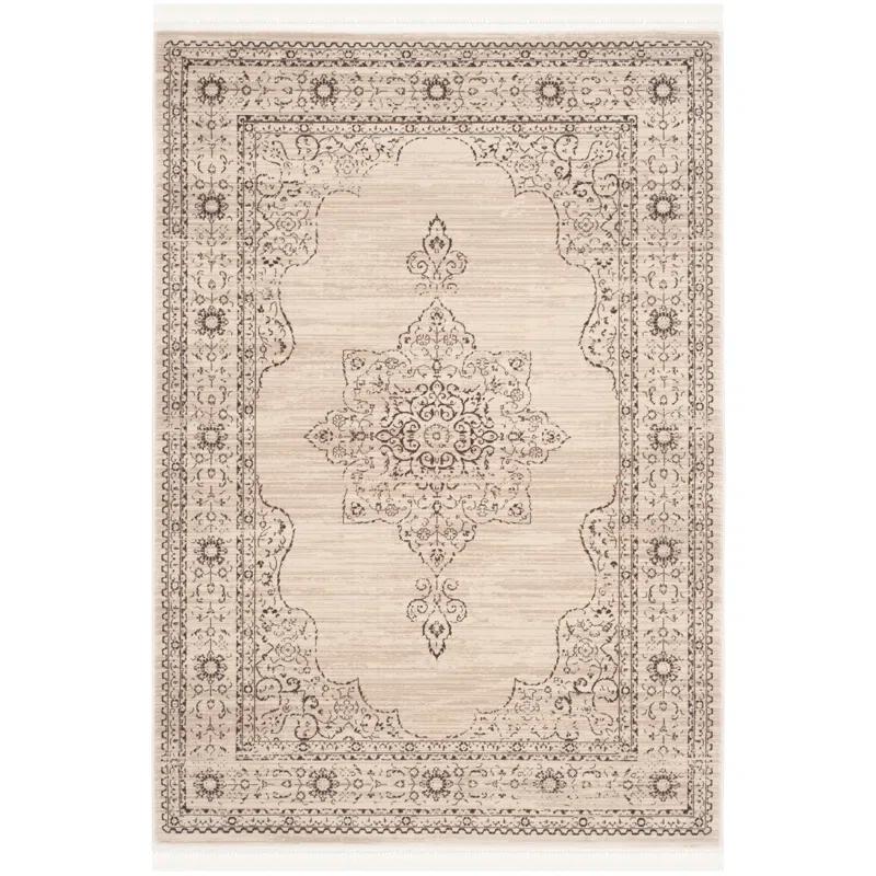 Elegant Cream and Gold Viscose 5'1" x 7'6" Traditional Area Rug